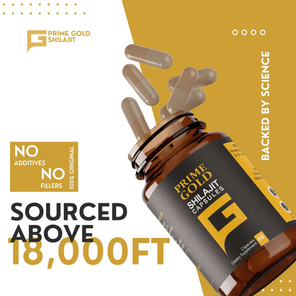 Prime Gold Shilajit Capsules on white background